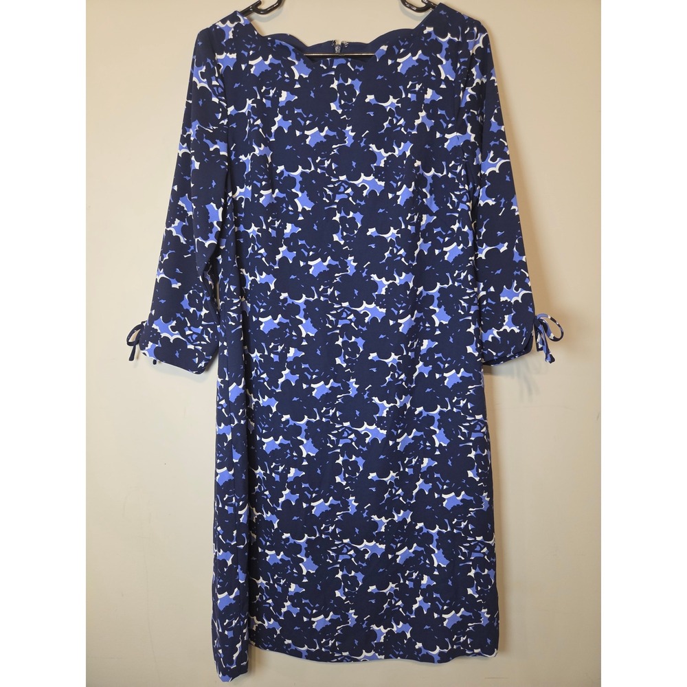 Talbots Blue Floral Shift Dress Size 10 Tie Sleeve Bateau Neck Knee Length